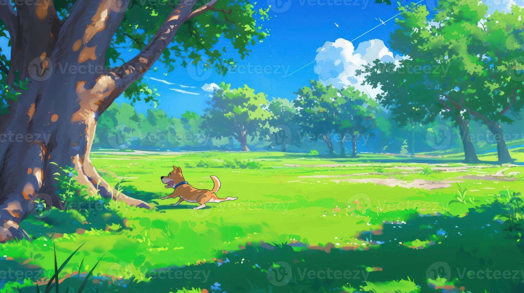 A playful dog running joyfully through a vibrant green park under a clear blue sky photo