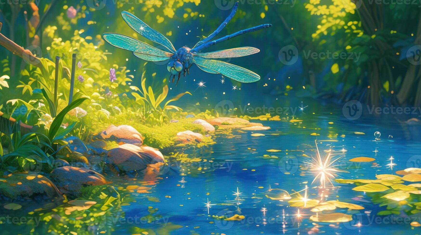 A vibrant dragonfly hovering above a serene pond surrounded by lush greenery and sparkling sunlight photo
