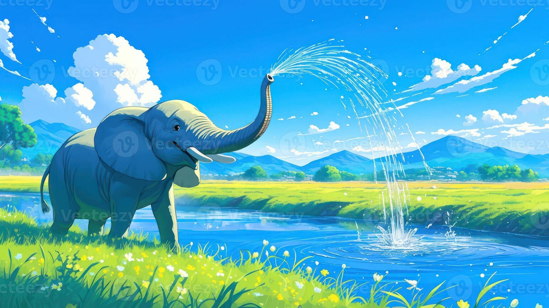 Playful elephant spraying water in a serene landscape with mountains and blue skies photo