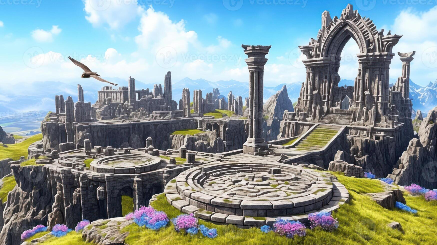 Majestic ancient ruins with towering arches surrounded by vibrant flowers and mountains photo