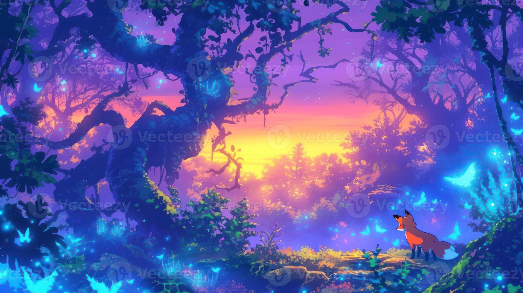 Enchanted forest at sunset with glowing butterflies and a curious fox observing the scenery photo