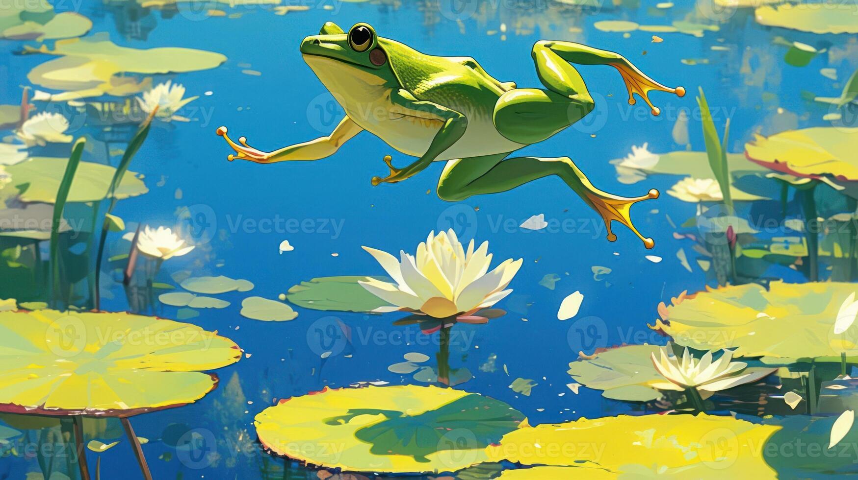 Vibrant green frog leaping over lily pads in a serene pond surrounded by blooming flowers photo