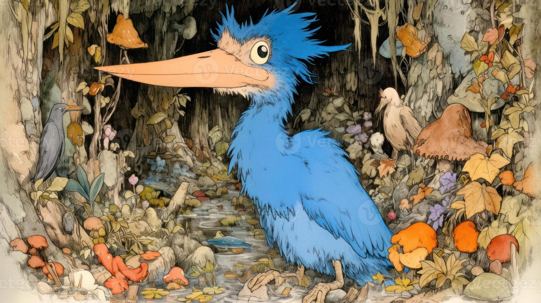 A whimsical blue bird with an oversized beak standing in a colorful forest filled with mushrooms photo