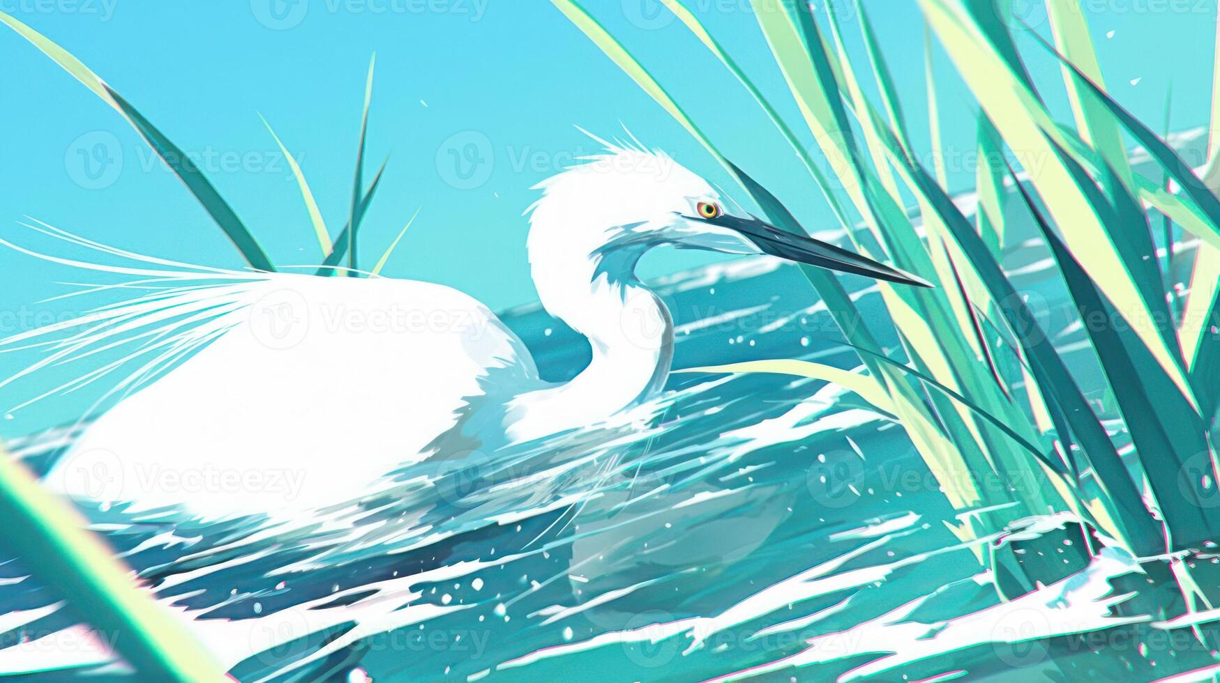Elegant white heron wading through vibrant blue water surrounded by lush green reeds photo