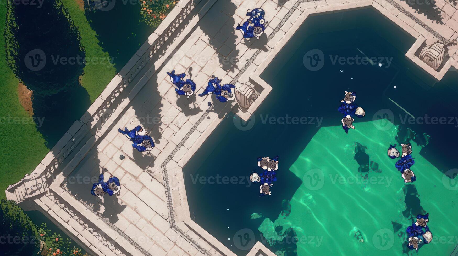 Aerial view of a vibrant pool scene with people enjoying leisure time, surrounded by lush greenery photo