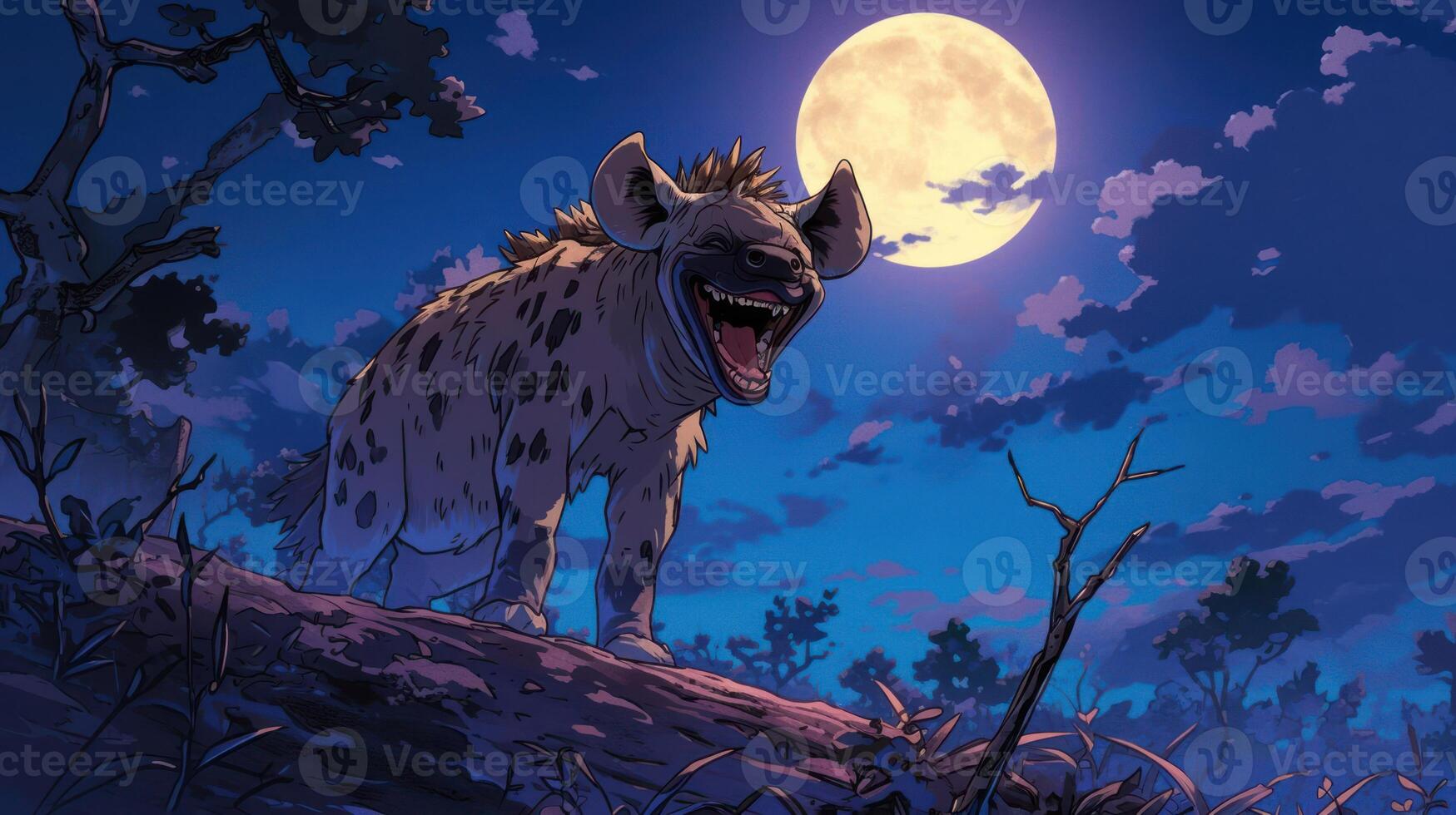 A hyena howls under a full moon in a vibrant night landscape, surrounded by trees and clouds photo