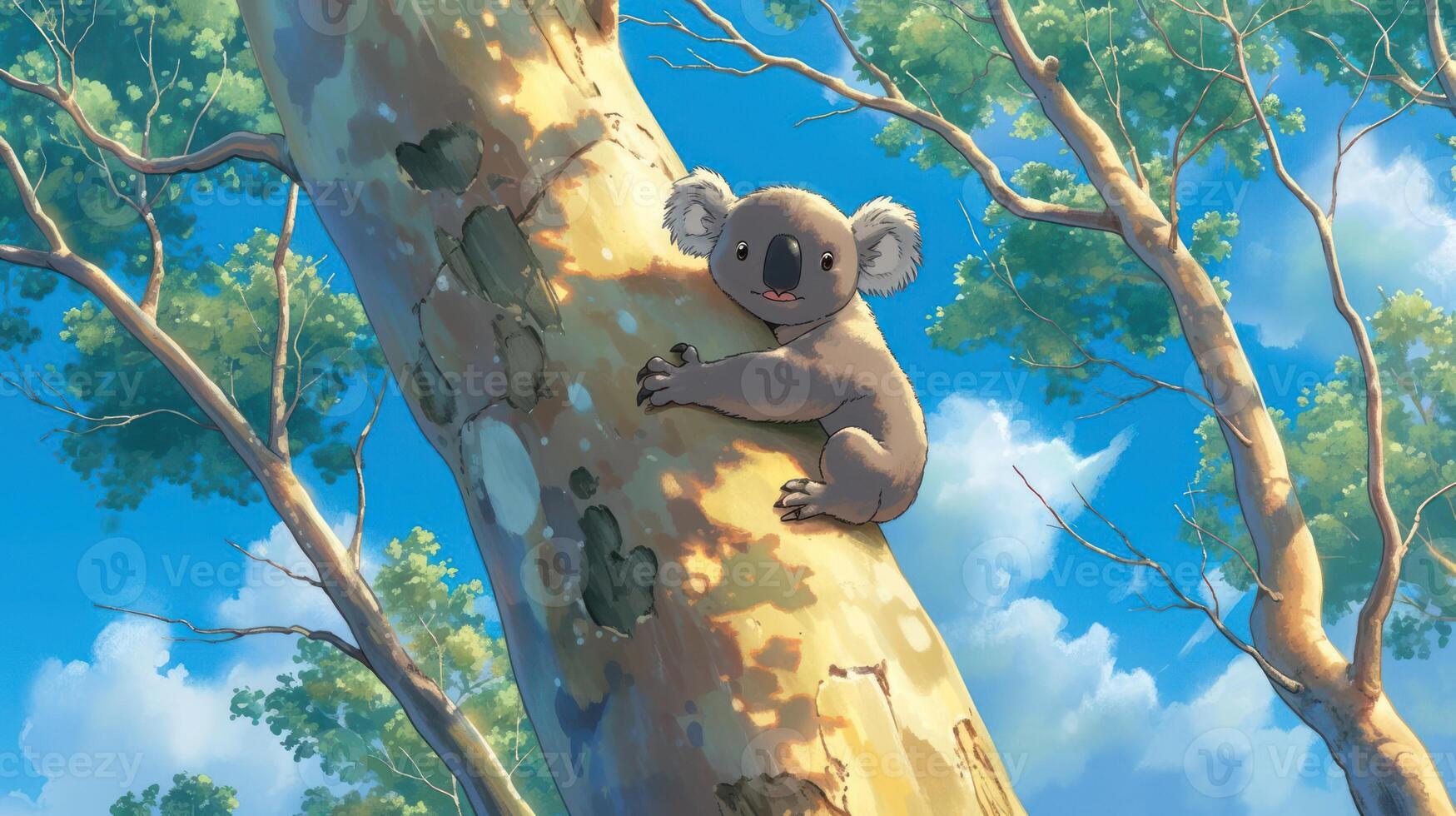 A koala clings to a tall eucalyptus tree under a bright blue sky, surrounded by lush foliage photo