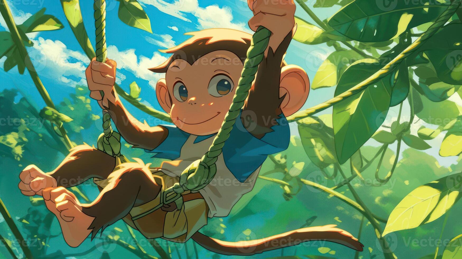 Playful monkey swinging joyfully on vines in a vibrant jungle, surrounded by lush greenery photo