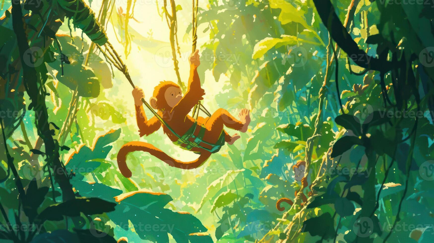 Playful monkey swinging through a lush jungle, surrounded by vibrant greenery and sunlight photo
