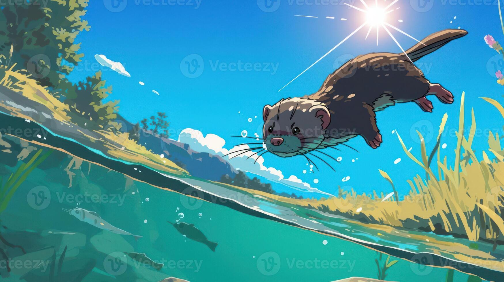 A playful otter dives underwater in a vibrant natural setting with sun reflections and greenery photo