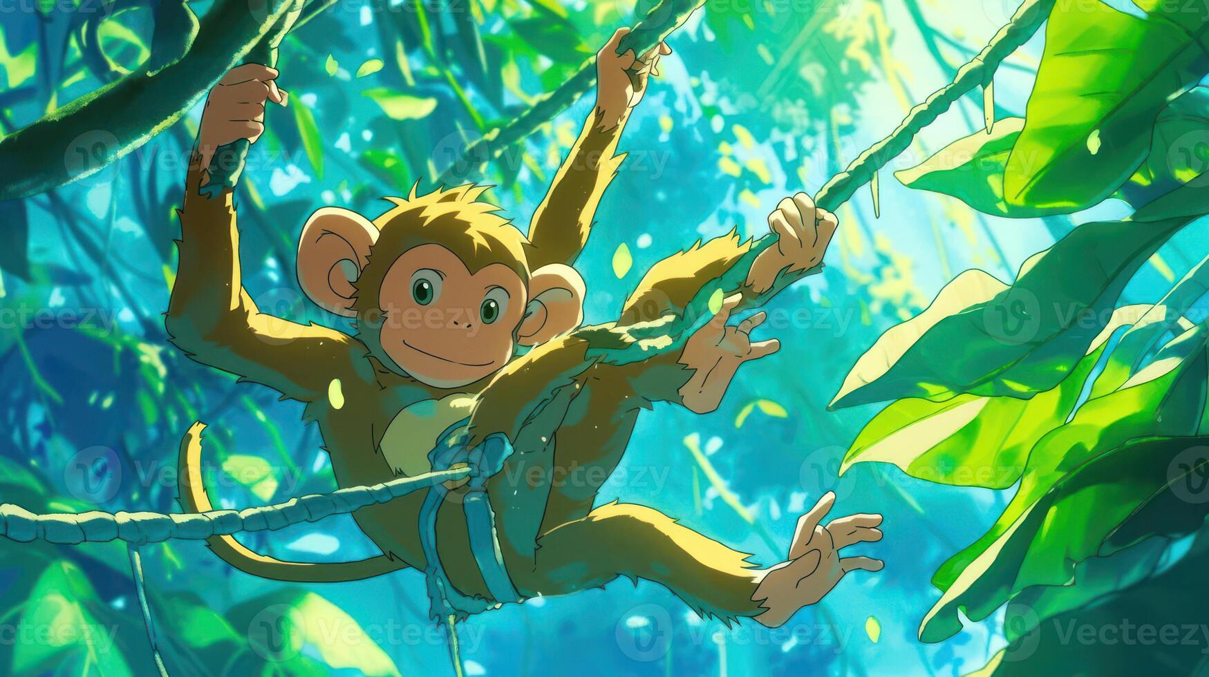 Playful monkey swinging through vibrant jungle, surrounded by lush greenery and sunlight photo