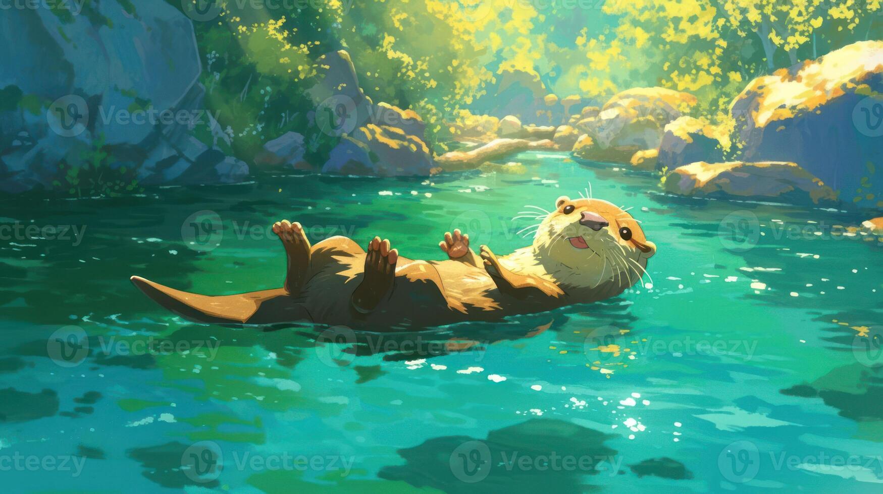 Playful otter floating serenely in a sunlit river surrounded by lush greenery and rocks photo