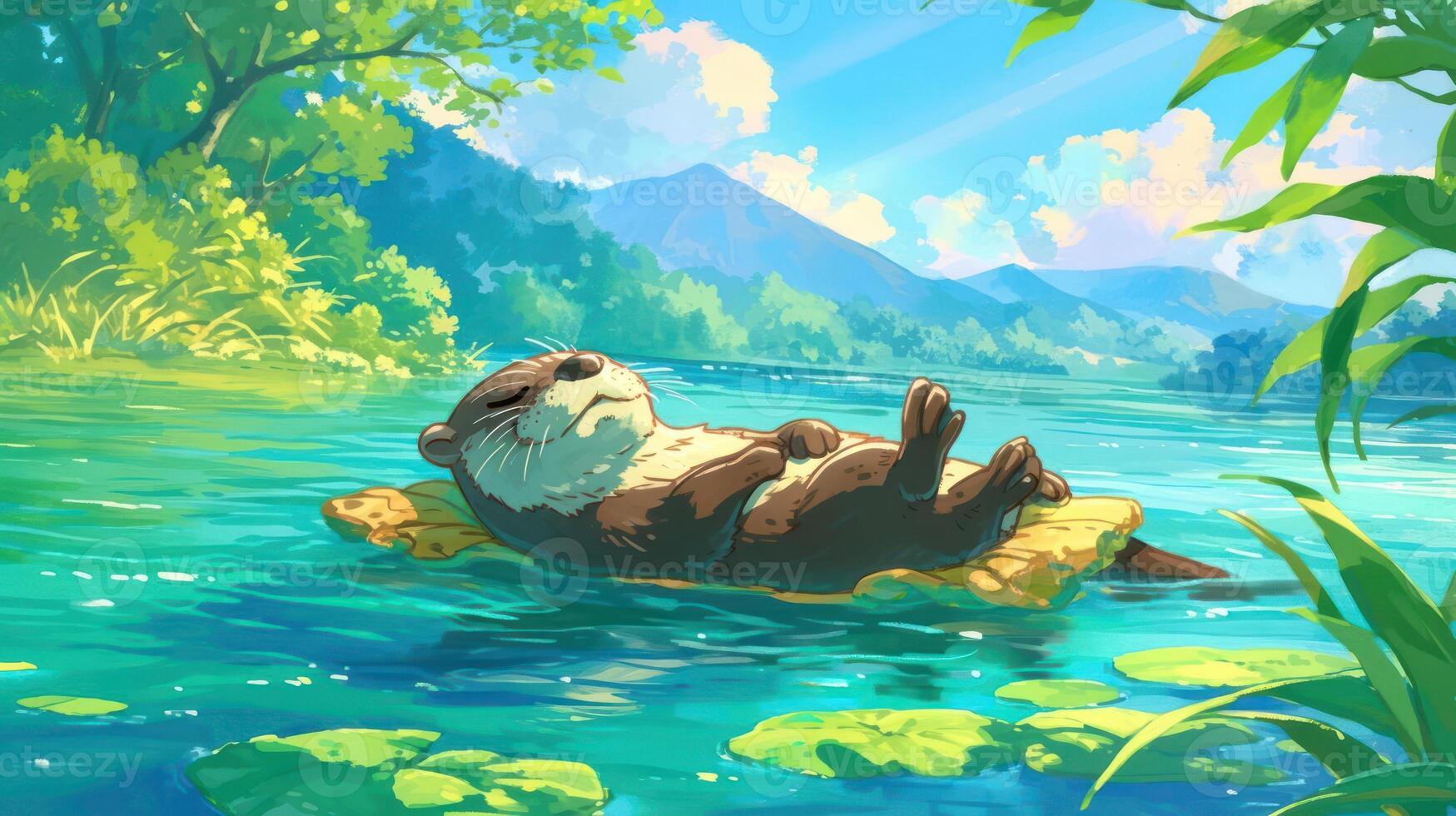 Relaxing otter floating on a lily pad in a serene lake surrounded by vibrant nature photo