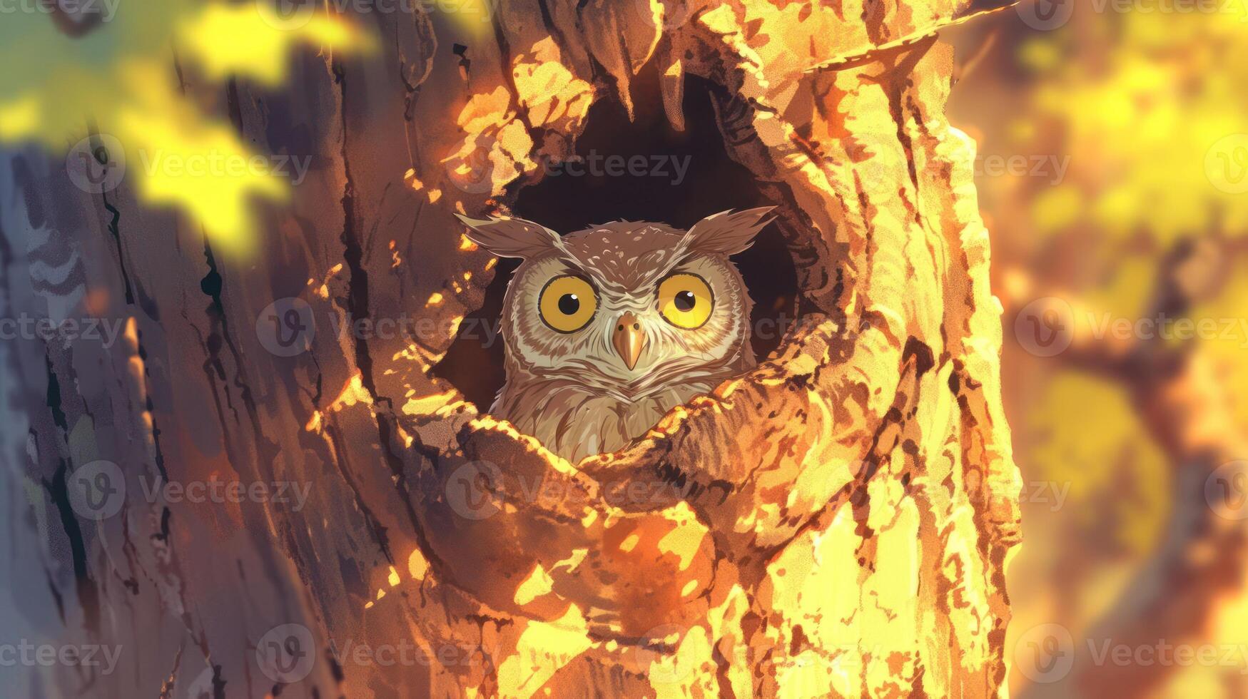 A majestic owl peering from its tree hollow, surrounded by vibrant autumn foliage and soft sunlight photo