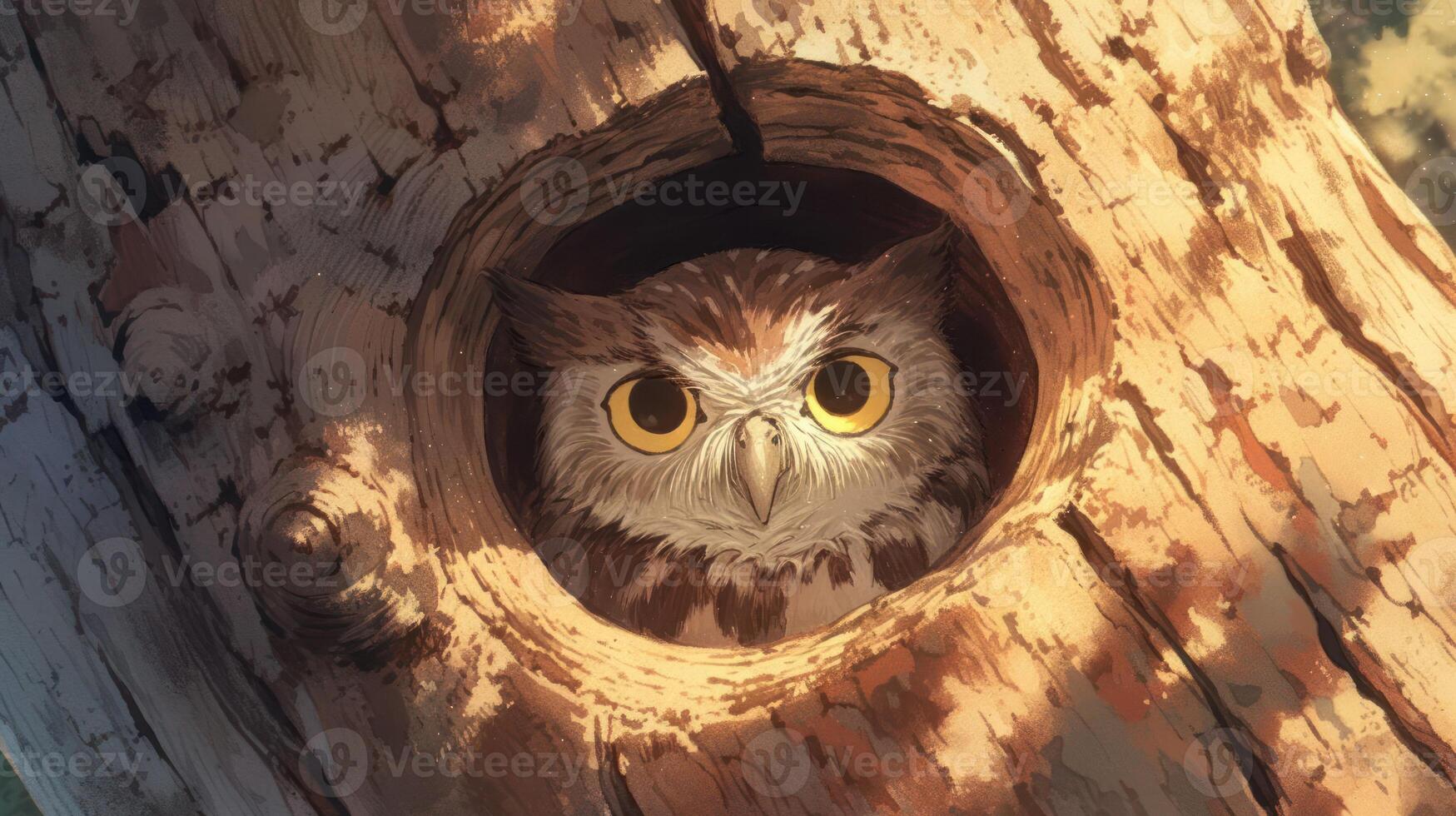 An owl peering out from a tree hollow, surrounded by dappled sunlight in a serene forest photo