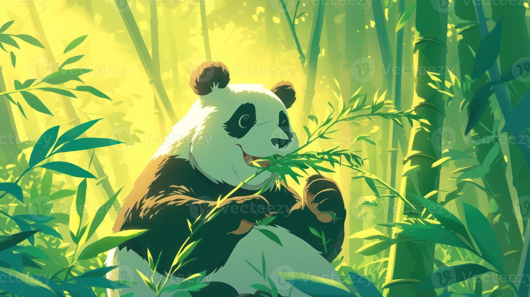 A serene panda munching on bamboo in a lush green forest, surrounded by vibrant foliage photo