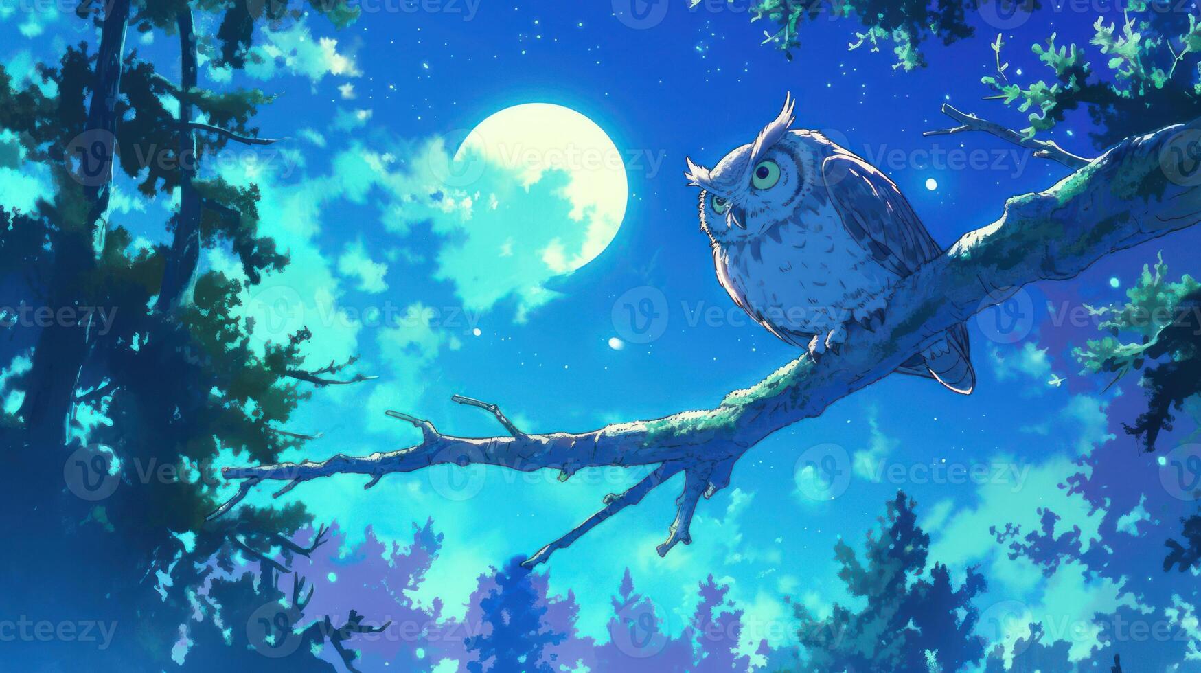 Majestic owl perched on a branch under a glowing moon in a tranquil forest at night photo