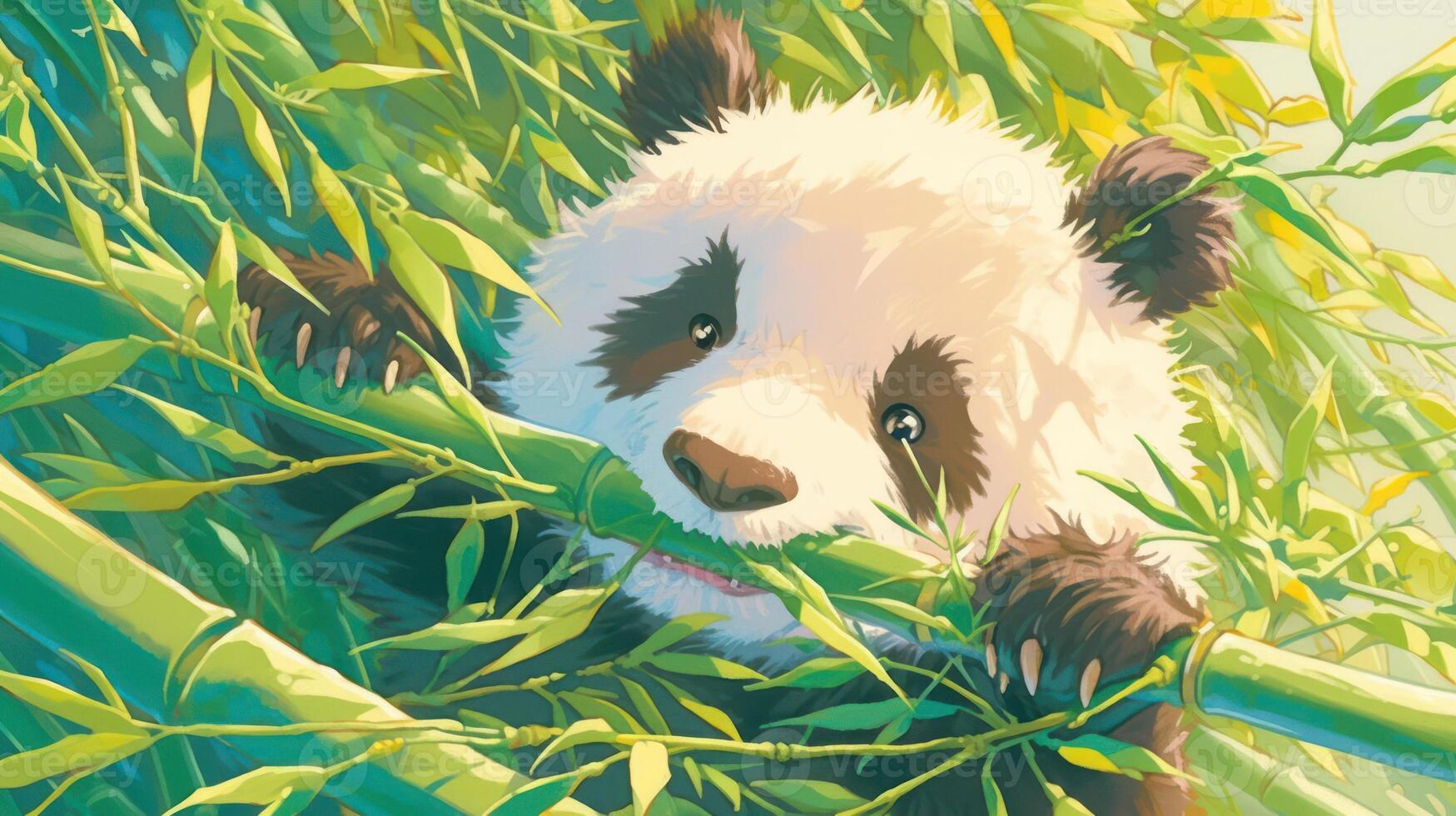 Playful panda munching on bamboo in a lush green forest, surrounded by vibrant foliage photo