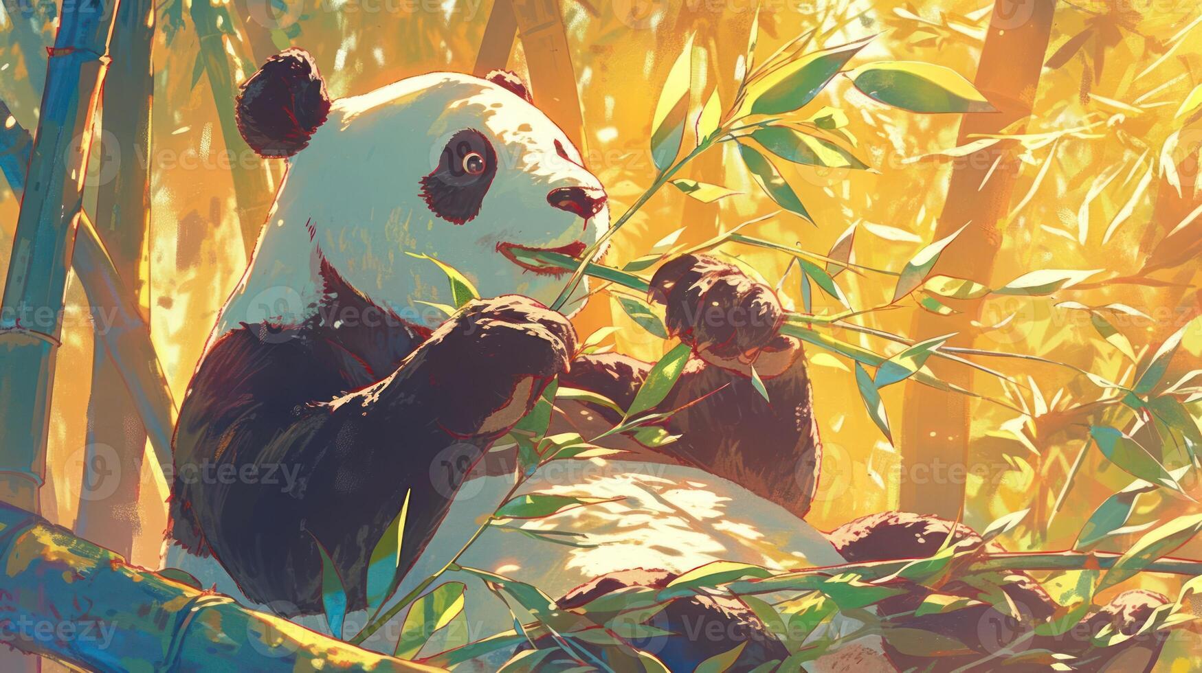A playful panda munching on bamboo in a vibrant, sunlit forest filled with greenery photo