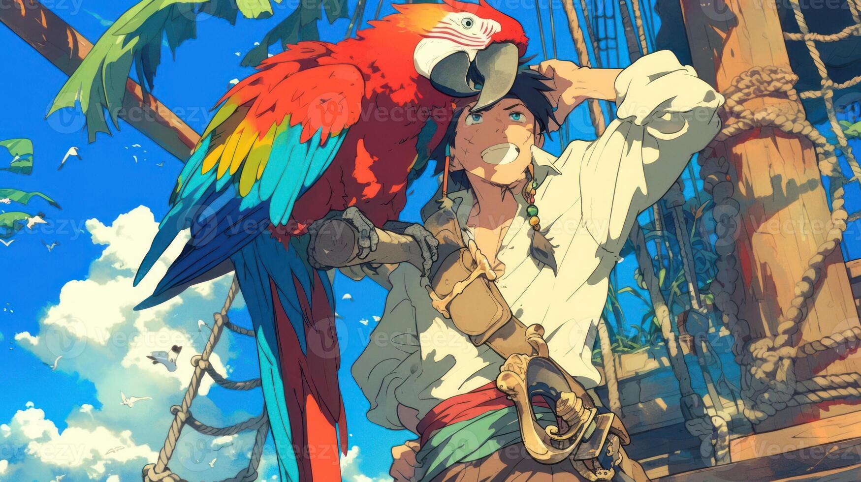 Young adventurer with a colorful parrot on his shoulder, standing on a pirate ship at sea photo