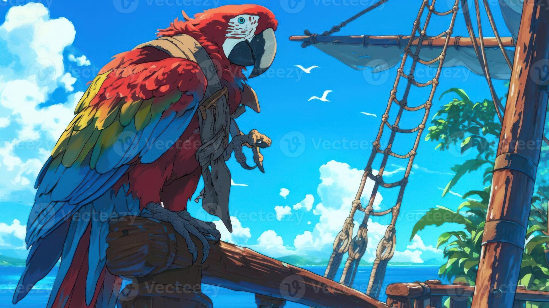 Vibrant parrot perched on a ship's railing against a stunning tropical seascape backdrop photo