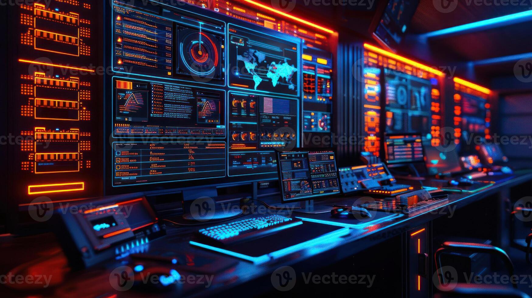 High-tech control room filled with glowing screens displaying data and maps, showcasing advanced monitoring photo