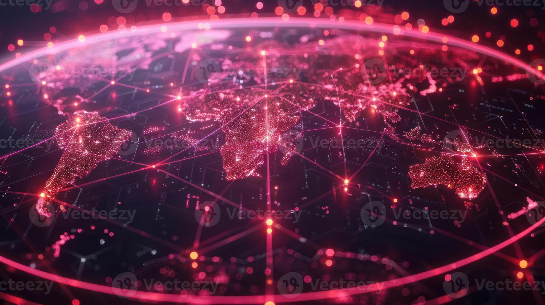Abstract digital world map illuminated with red lines and nodes, showcasing global connectivity photo