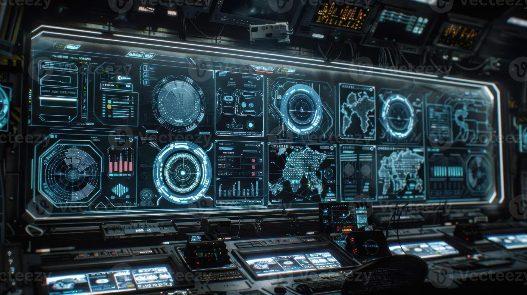 Futuristic control room with digital displays, monitoring global data and analytics in action photo