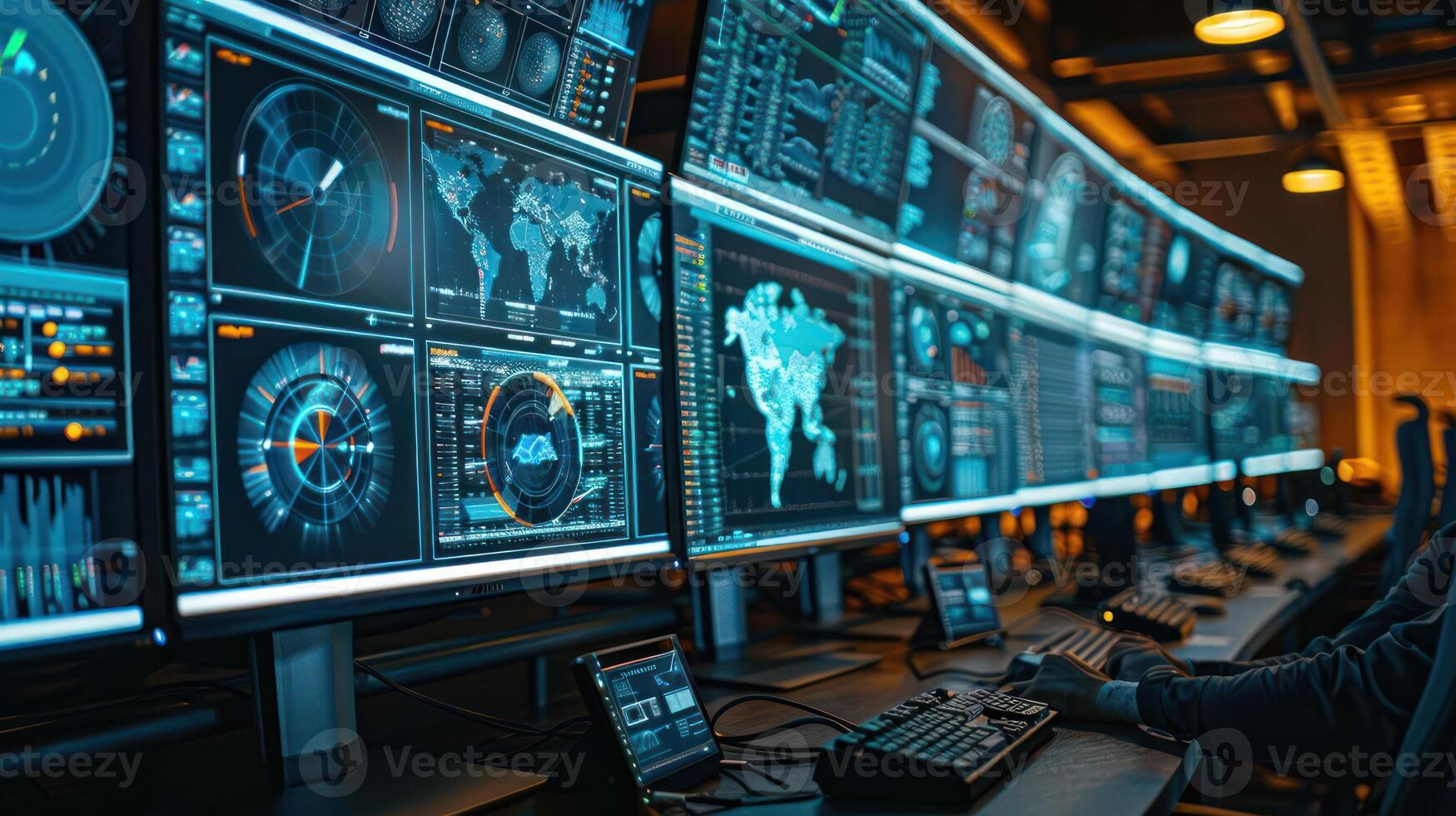 Advanced data analysis in a modern control room with multiple screens displaying global statistics photo