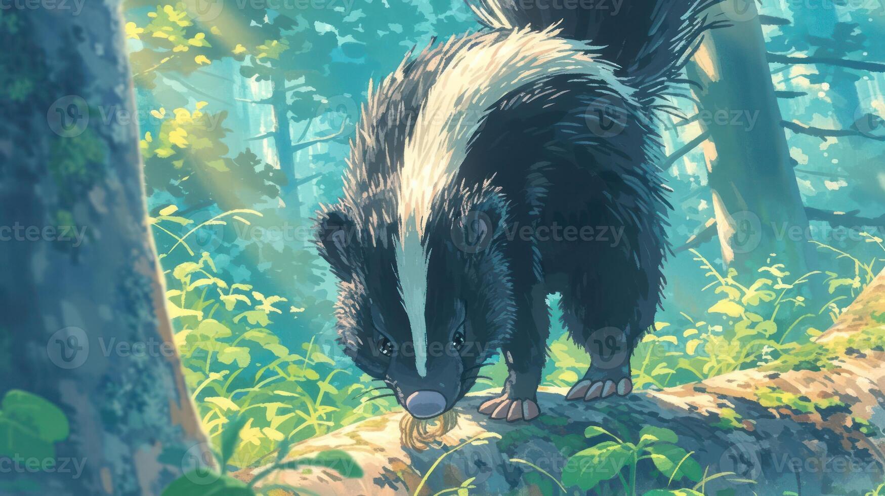 A skunk exploring a sunlit forest, surrounded by lush greenery and dappled sunlight photo