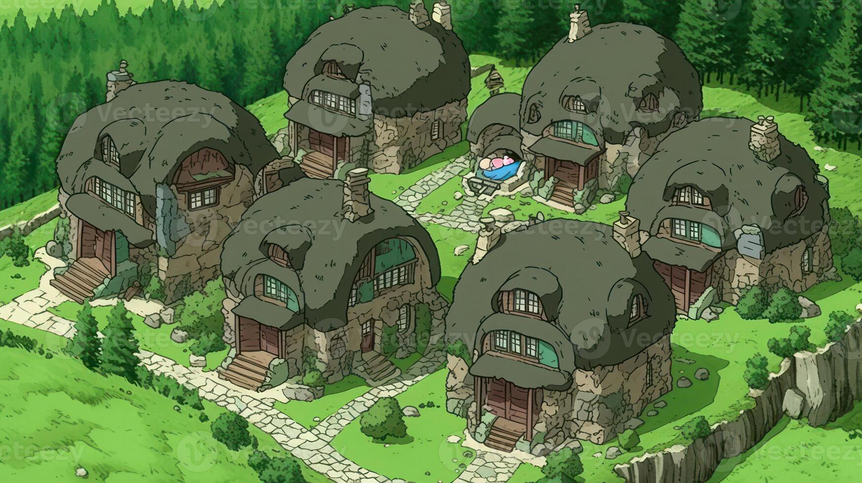 Quaint village of round, moss-covered houses nestled in a lush green landscape with trees photo