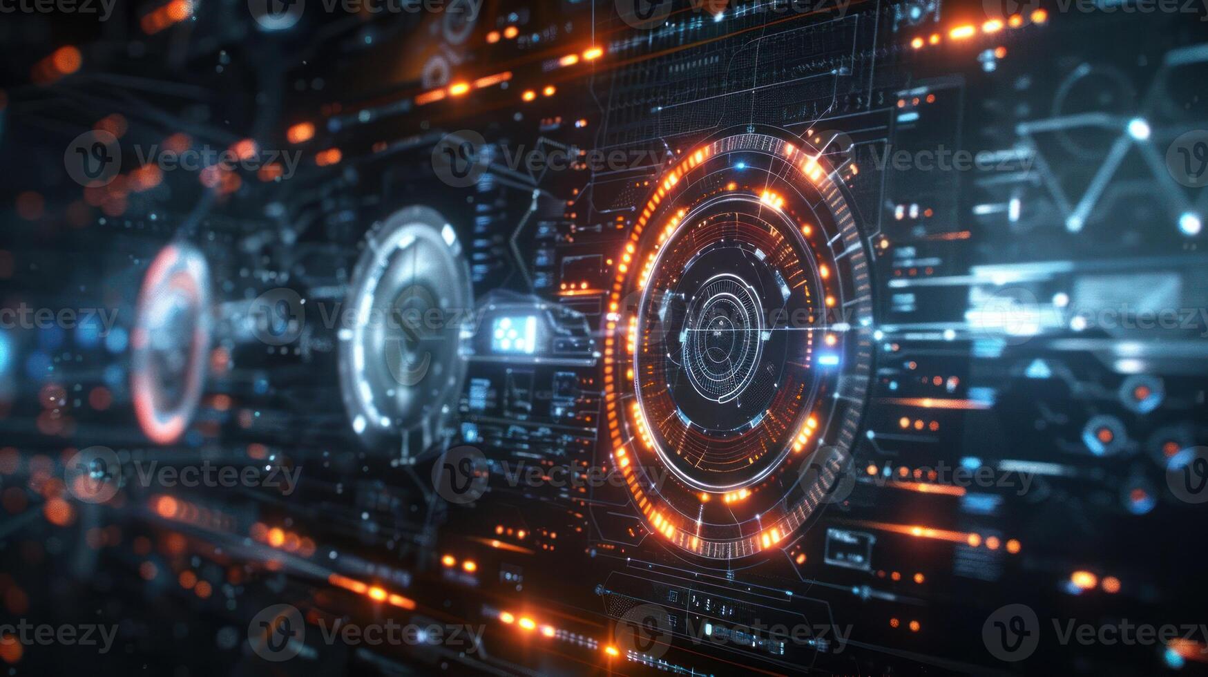 Futuristic digital interface with glowing elements and data visualization in a tech environment photo