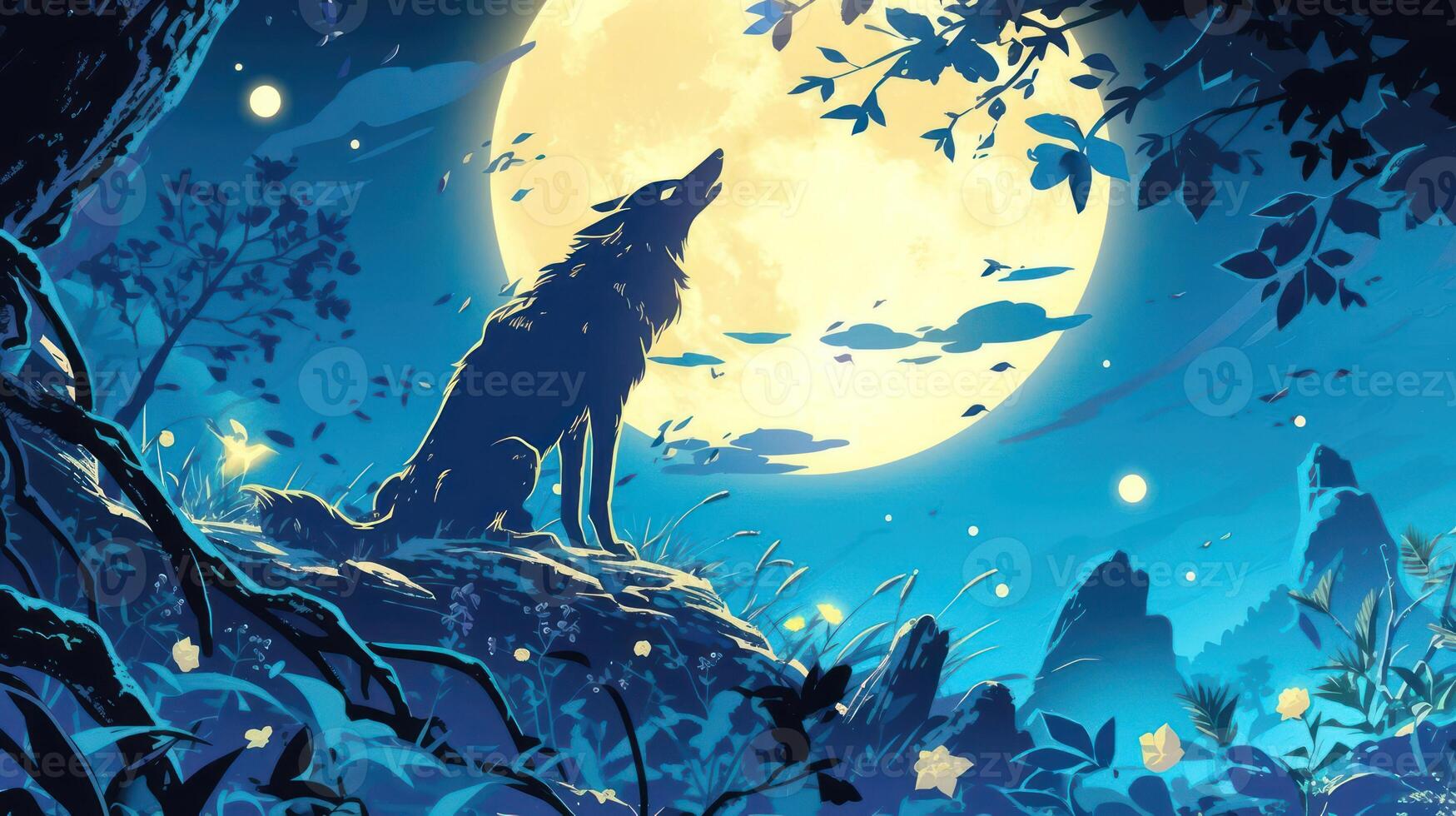 A majestic wolf howling under a full moon in a serene night landscape with glowing elements photo