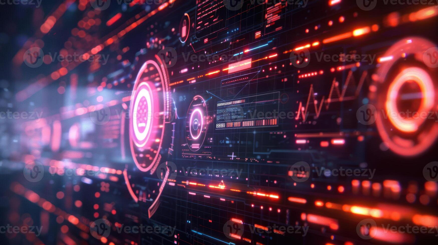 Futuristic digital interface displaying data analytics and visualizations in a high-tech environment photo