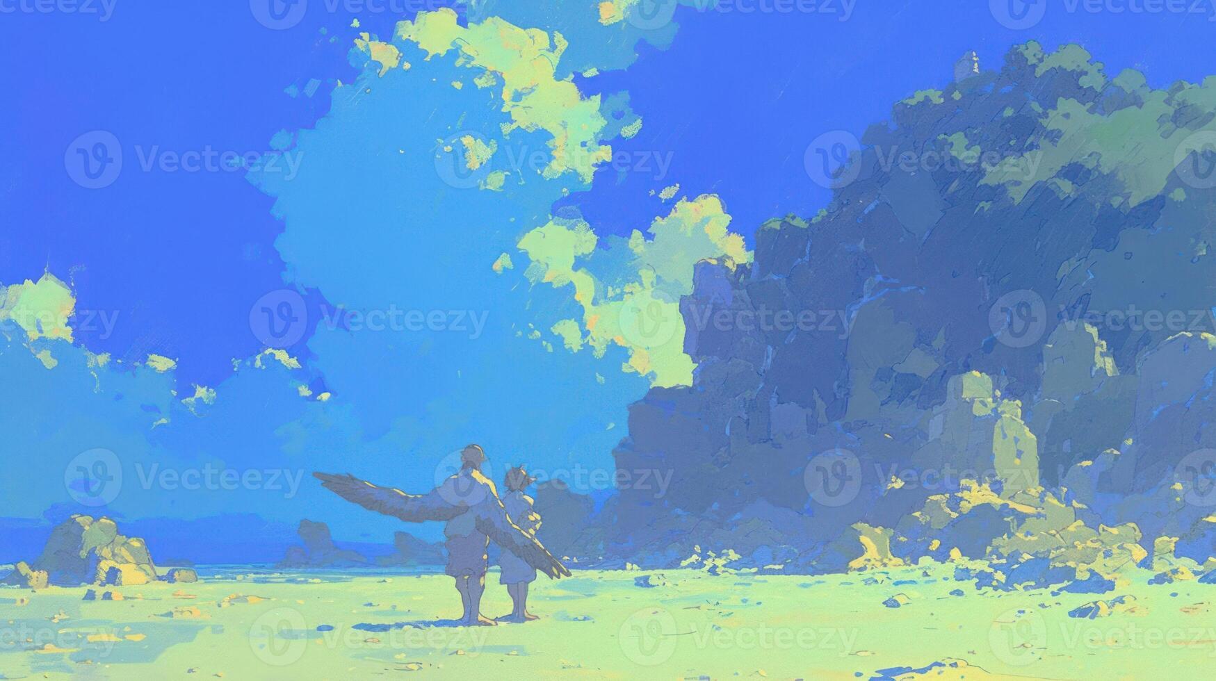 Two figures walking on a beach under a bright blue sky with clouds and rocky cliffs in the background photo