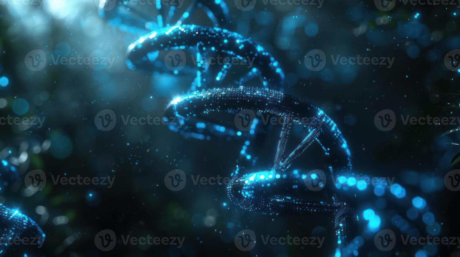 Abstract representation of DNA strands illuminated by blue light in a dark, ethereal environment photo