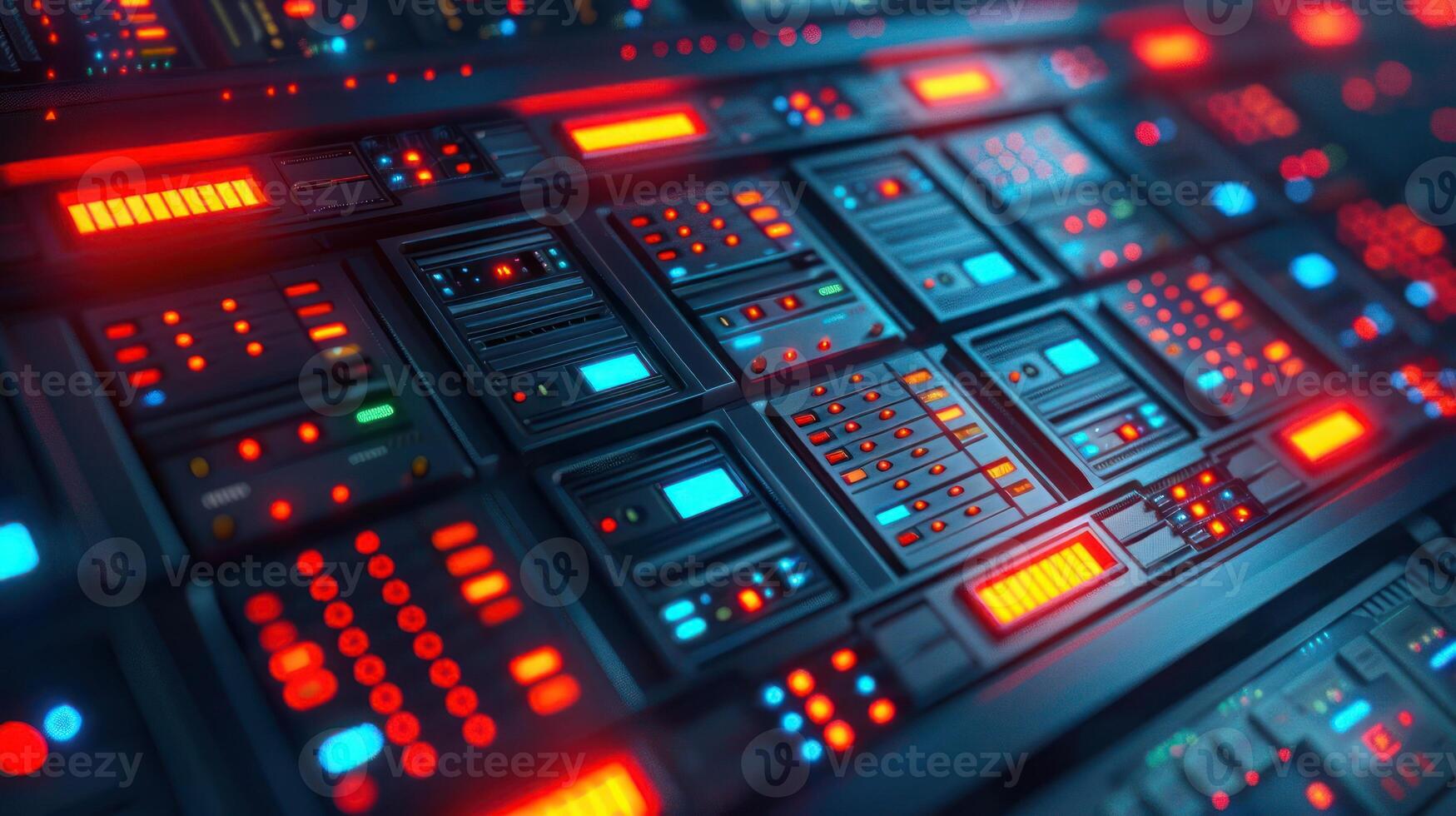 Futuristic server room with illuminated panels and intricate wiring, showcasing advanced technology photo