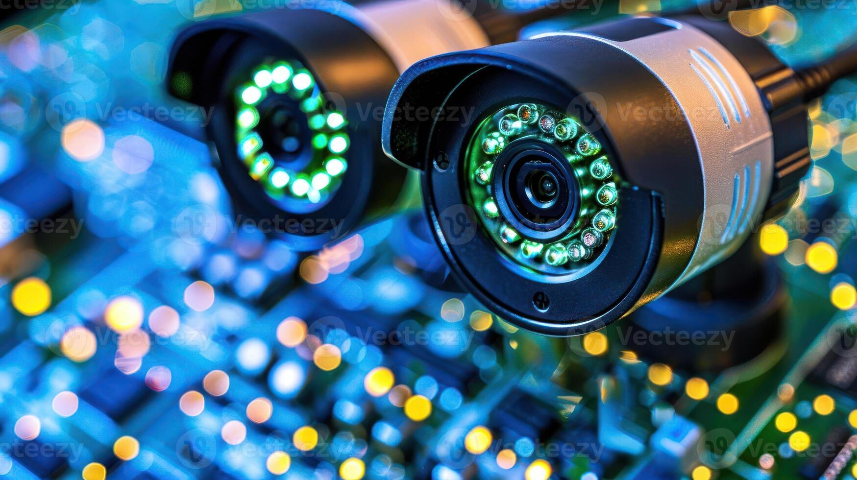 Close-up of surveillance cameras on a circuit board with glowing lights and technology backdrop photo