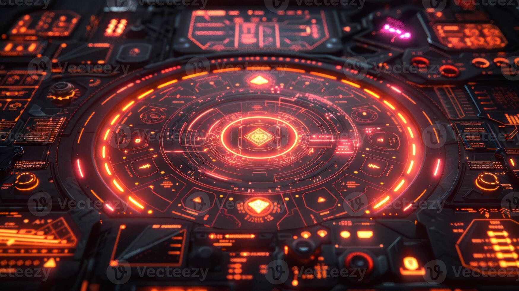 Futuristic digital interface showcasing intricate glowing patterns and controls in a sci-fi setting photo