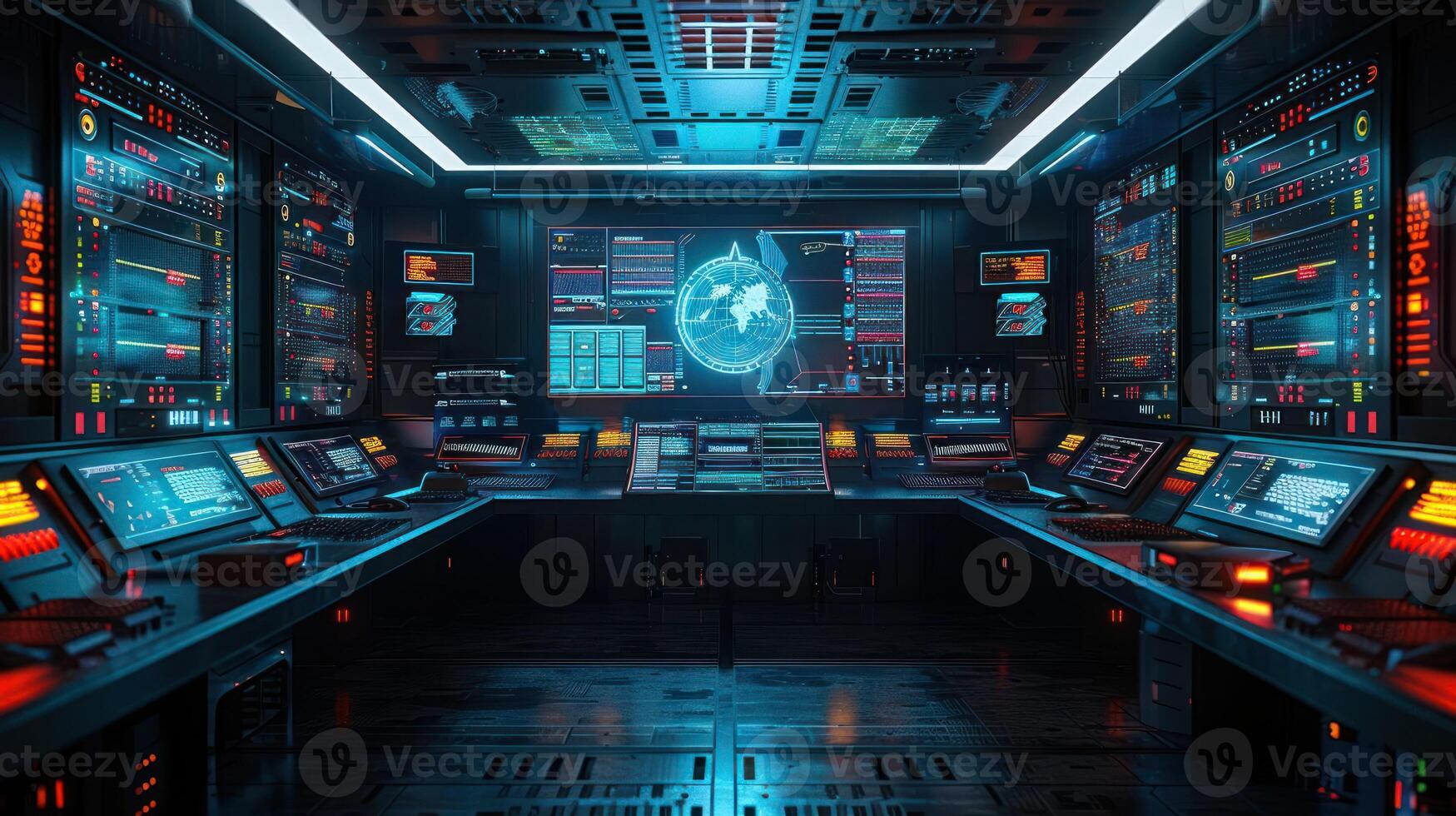 Futuristic control room with glowing screens, holographic globe, and advanced technology setup photo