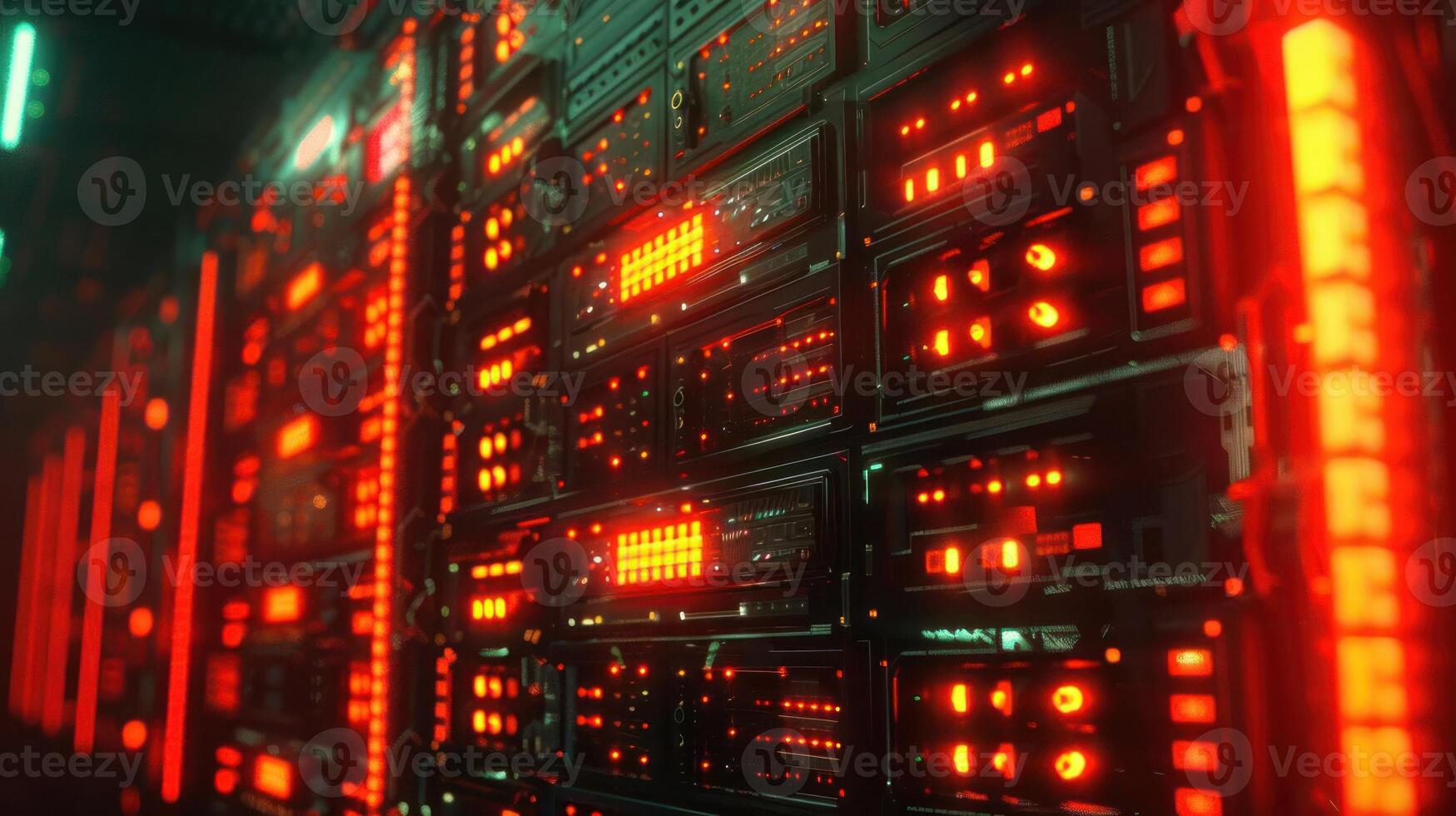 Futuristic data center with glowing red lights and intricate server technology in action photo