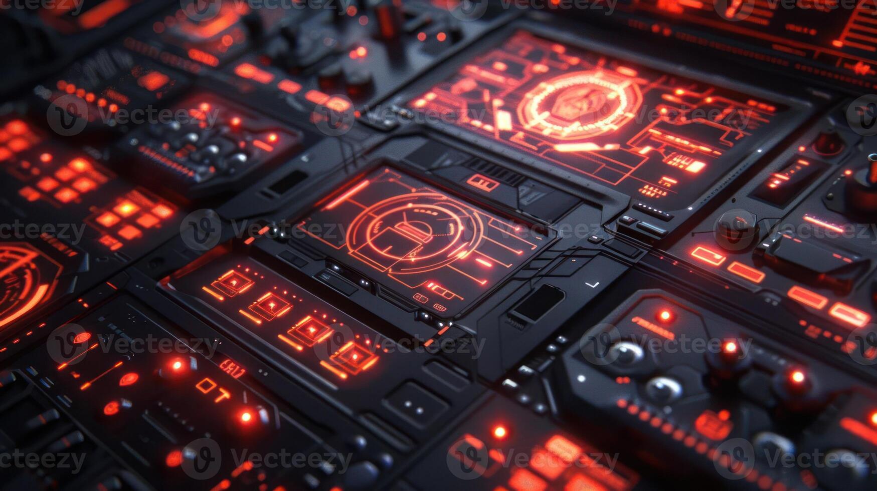 Futuristic control panel with glowing red interfaces and intricate technology design photo