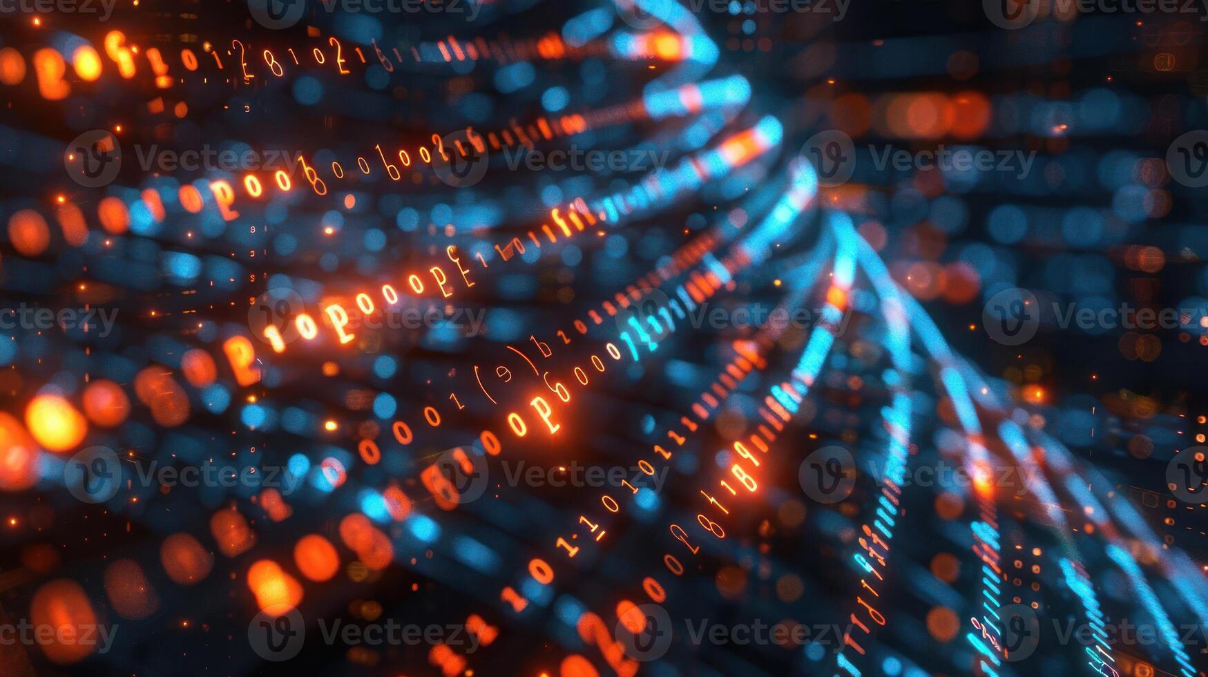 Abstract digital background with flowing binary code and glowing particles in motion photo