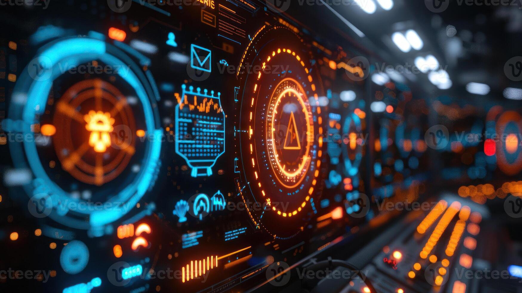 Futuristic control panel displaying various data metrics and alerts in a high-tech environment photo