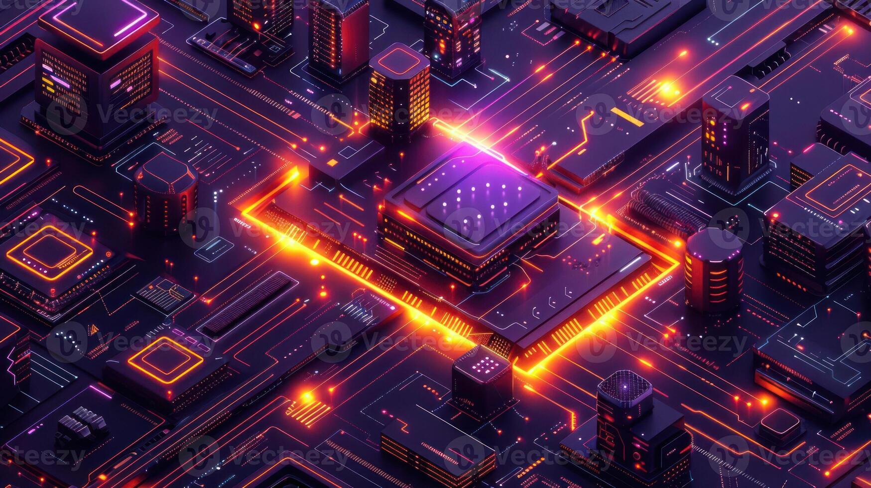 Futuristic cityscape with glowing circuit patterns and a central processing unit at night photo