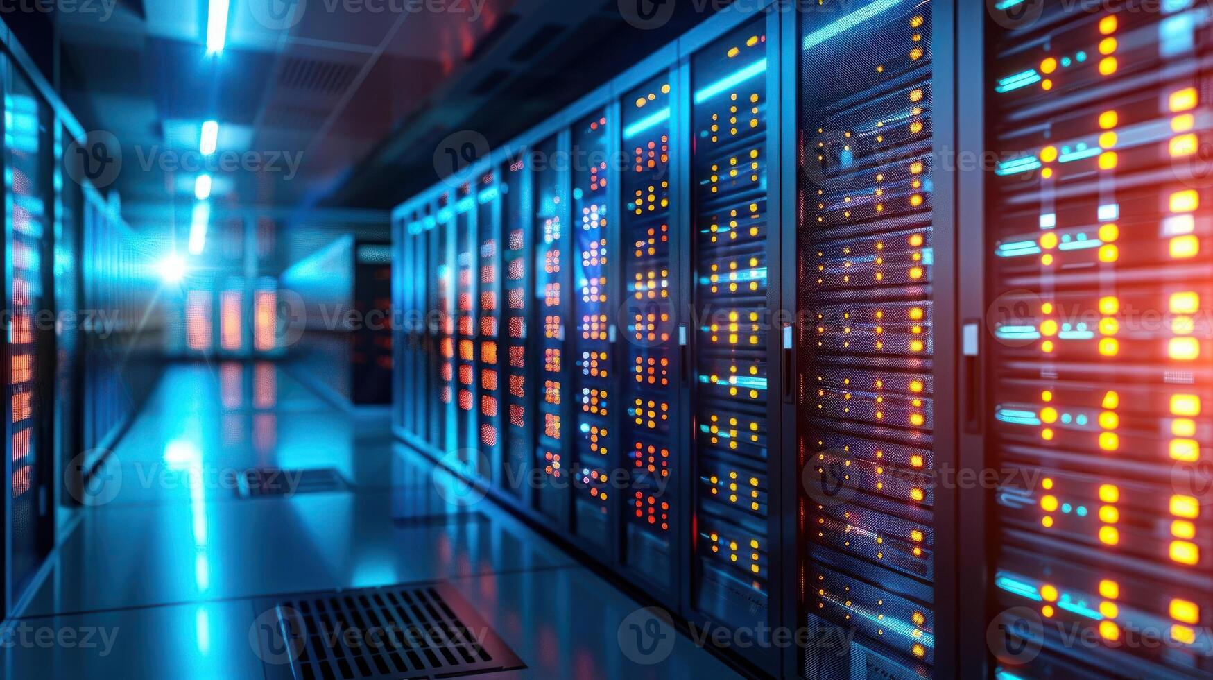Futuristic server room with illuminated data racks and blue lighting, showcasing technology in action photo