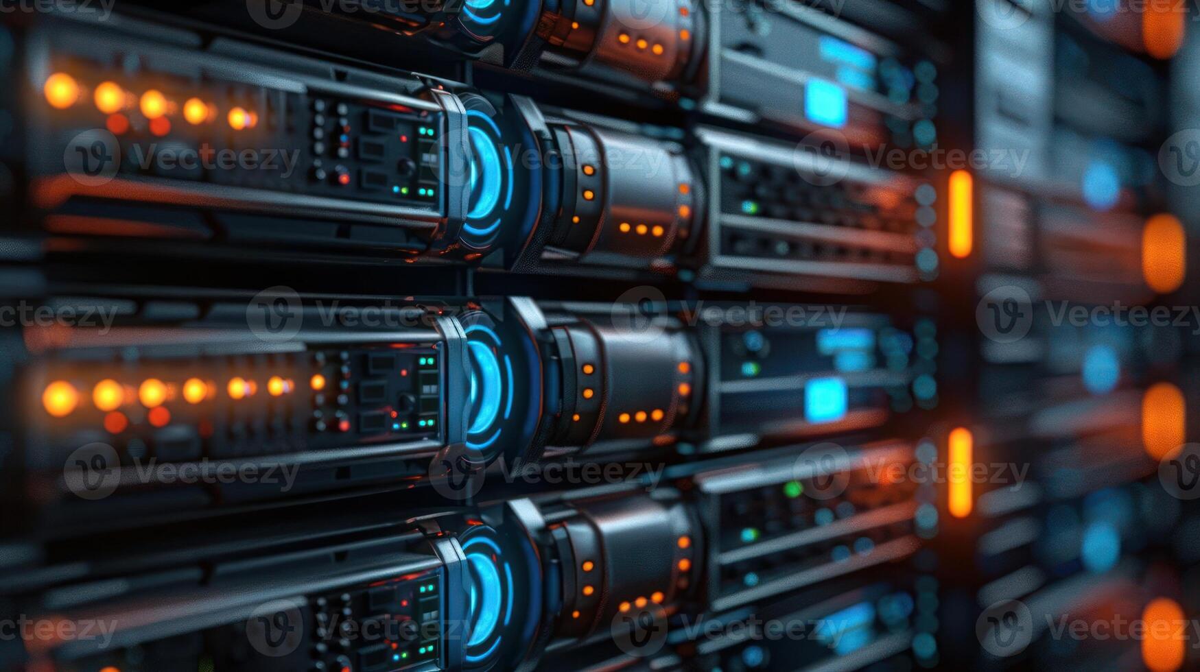 Close-up view of illuminated server racks showcasing technology in a data center environment photo