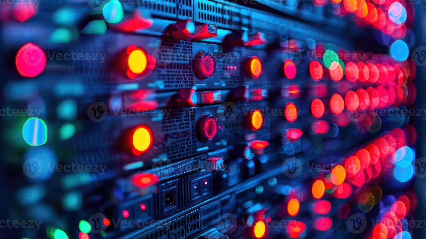 Close-up view of illuminated server racks showcasing vibrant LED indicators in a data center photo
