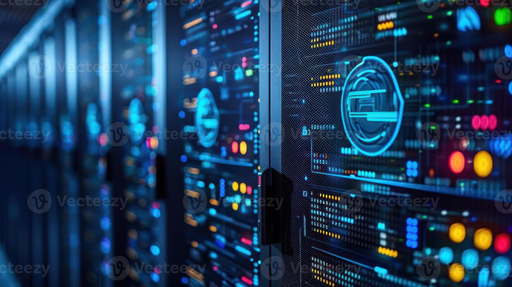 High-tech server room filled with illuminated data servers displaying vibrant digital interfaces photo