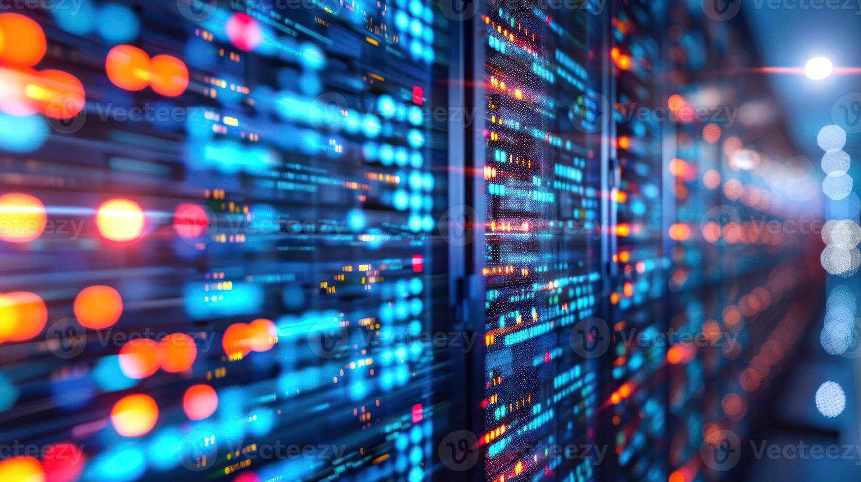 Vibrant Data Center with Colorful Lights and Server Racks in a High-Tech Environment photo